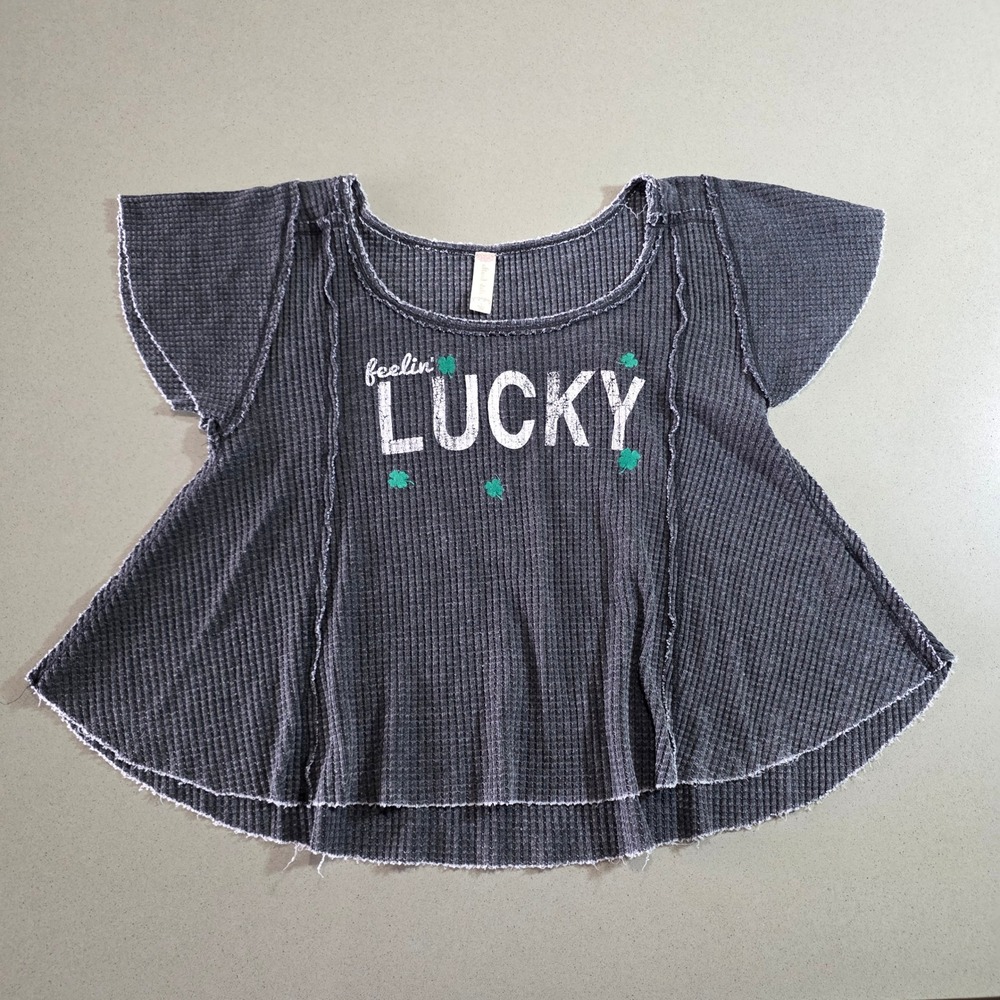 Altar'd State Womens Small Feelin Lucky Waffle Knit Graphic Top Grey St Patricks